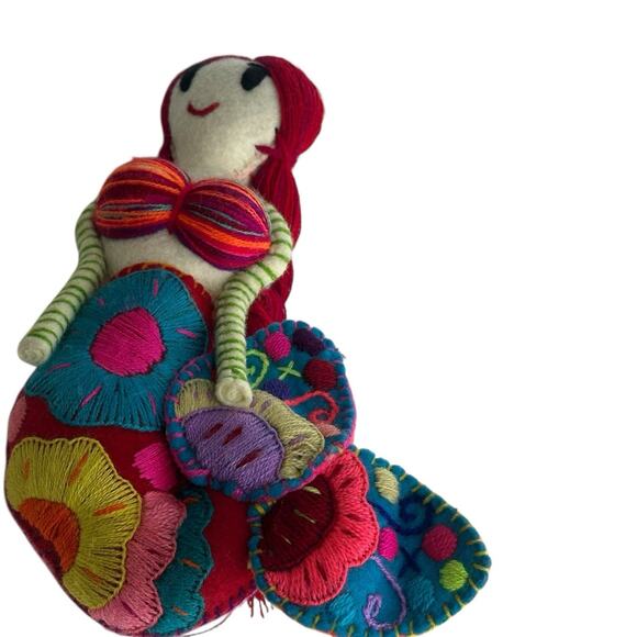 Mermaid Doll Mexican Embroidered Colorful Flowers Yarn Felt Handmade - Picture 2 of 6